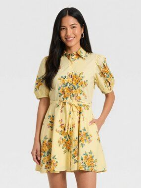 NEW A New Day Women's Balloon Short Sleeve Mini Yellow Floral XS Shirtdress